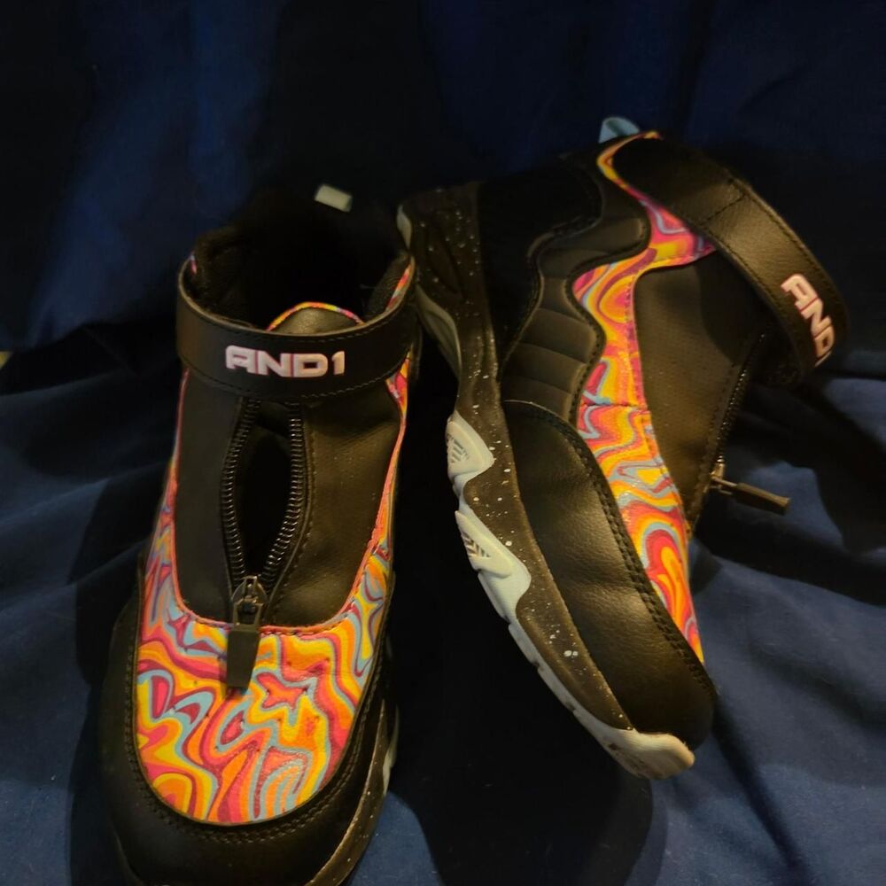Neon Psychedelic Swirl High Top Basketball Sneakers Zipper Shroud Boy's Size 5